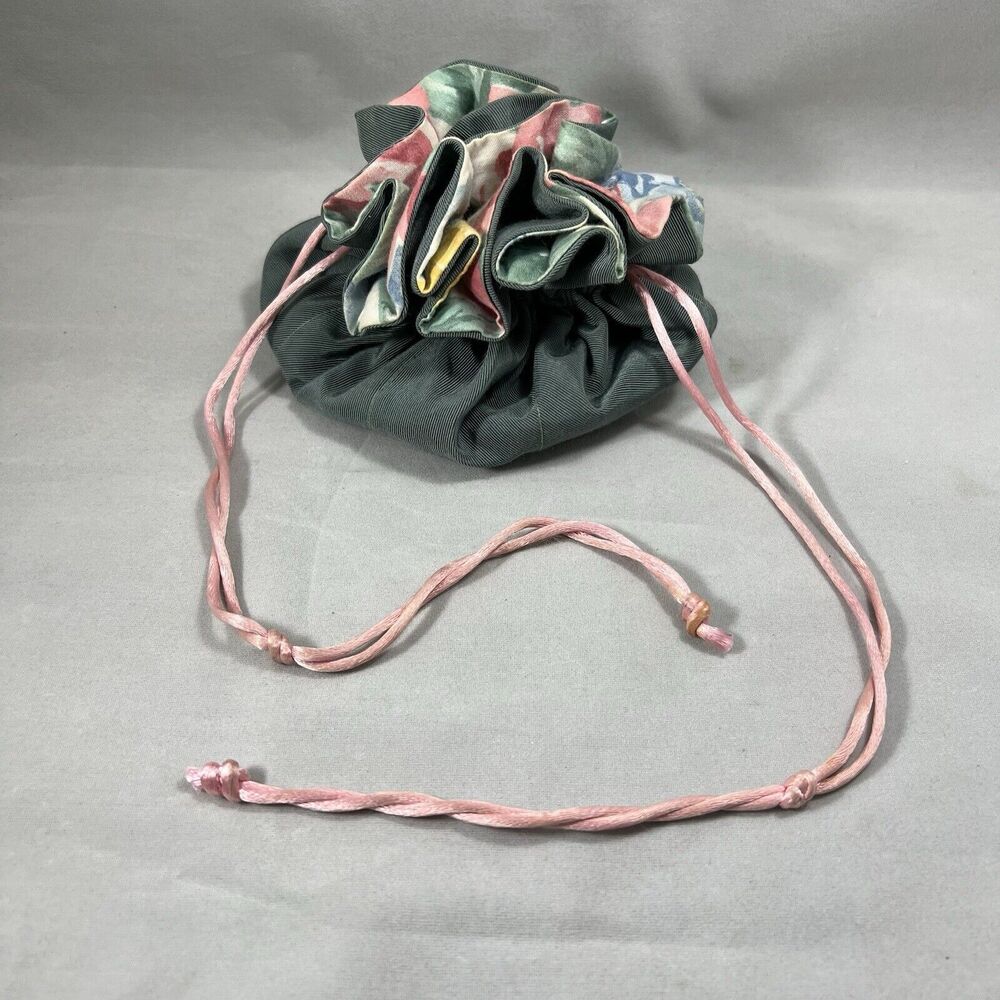 Vintage  Jewelry Organizer 8 Pockets Travel Case Drawstring Bag Floral Pink